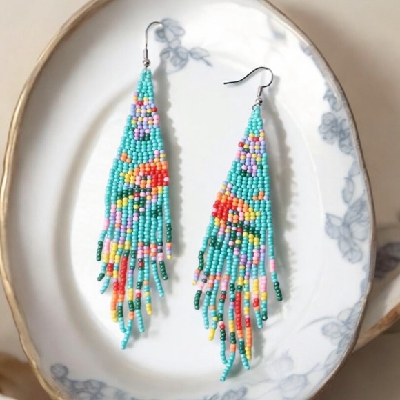 Jewelry - Flower Garden patterned beaded tassel earrings. New.